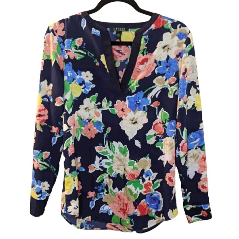 Lauren Ralph Lauren Split Neck Multicolor Floral Blouse Tunic Top Blouse Small